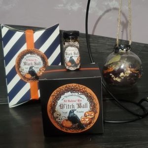 3 Piece All Hallows' Eve Witch Ball and Black Salt Protection w Crystals Herbs